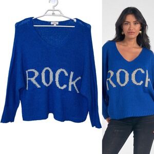 ELAN Rock V Neck Sweater Women M Blue Oversized Graphic Slouchy Boho Rocker Chic